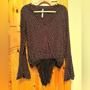 Free People Black Polka Dot V-Neck Lace Trim Bodysuit
